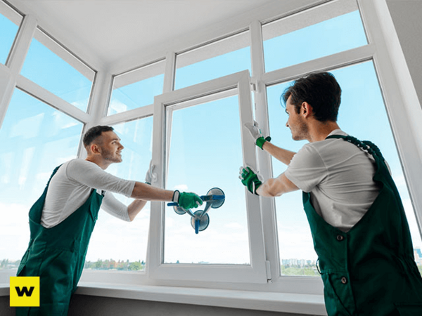 Zwei Handwerker tauschen ein großes Fenster in einem modernen, hellen Raum aus.